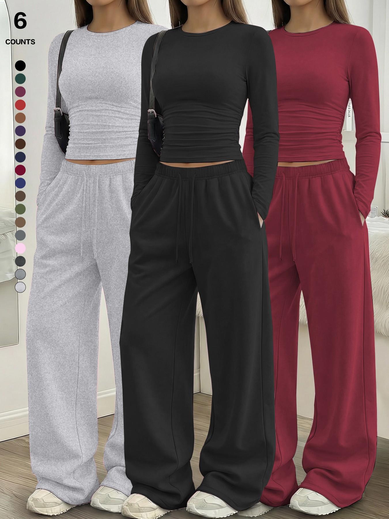 Women's Solid Ruched Drawstring Loungewear Set, Casual Long Sleeve Round Neck Top & Pocket Wide Leg Trousers, Spring Summer Sleepwear Pajama Set