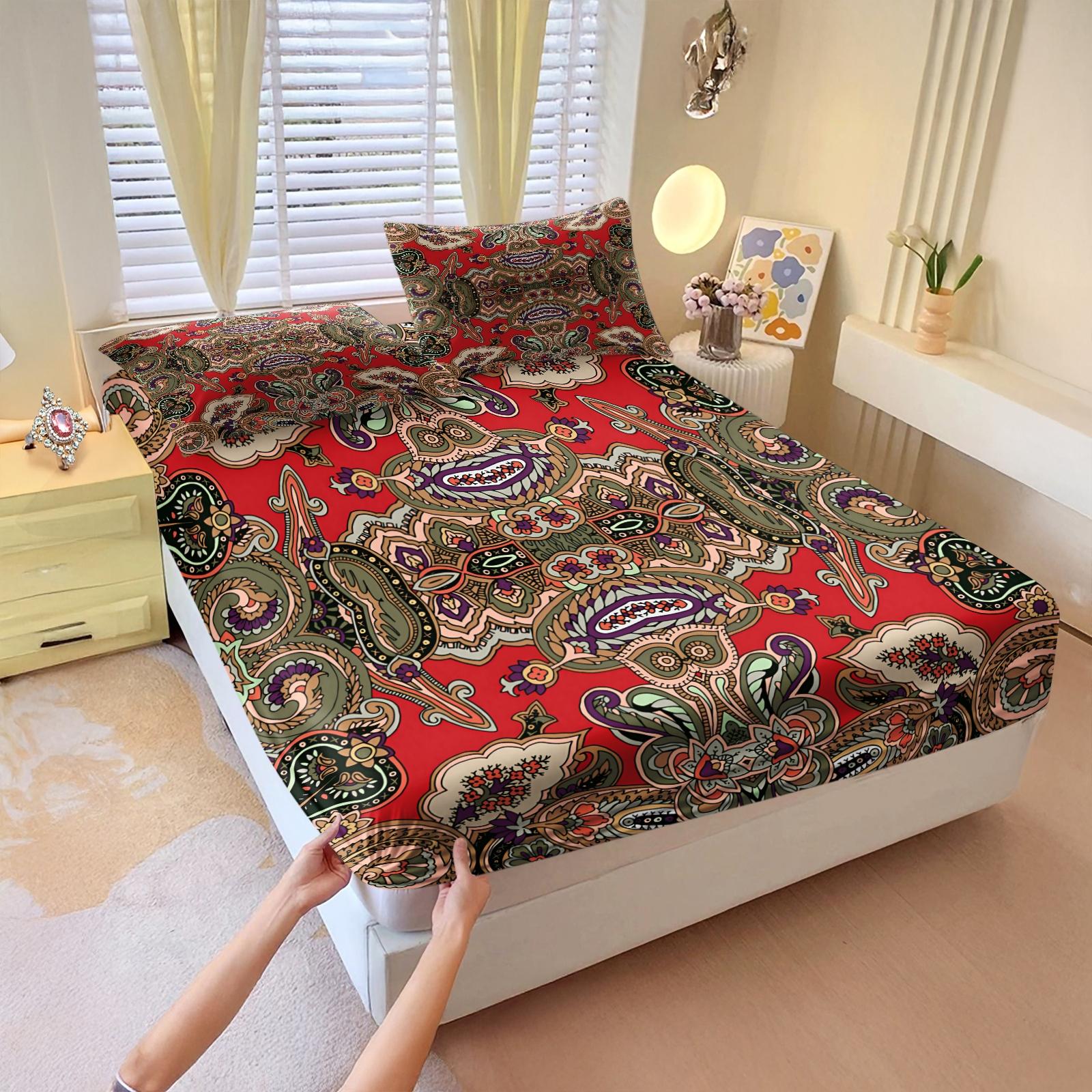 3Pcs Boho Paisley Printed Fitted Sheet Set, Vibrant Ethnic Style Bedding Set, Ultra-Soft Breathable Microfiber Bed Sheet Set, Deep Pocket All-Season Bed Linen, Ideal for Bedroom, Guest Room, Dorm Decor, Home Use