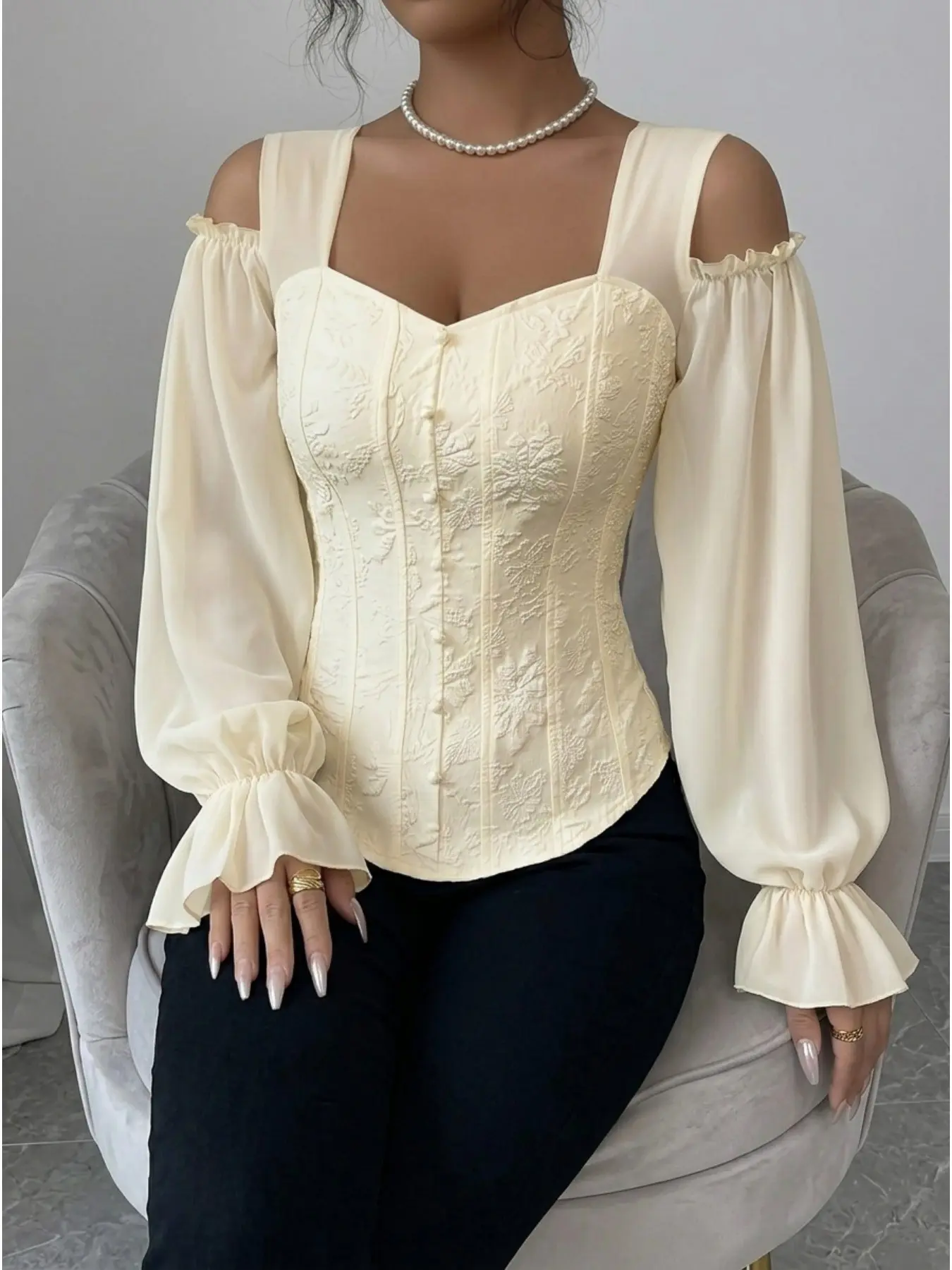 Women's Off-Shoulder Floral Embroidered Lantern Sleeve Blouse Shirts Fashion, Spring & Fall Slim Fit Top, Solid Pattern Unlined Clothing