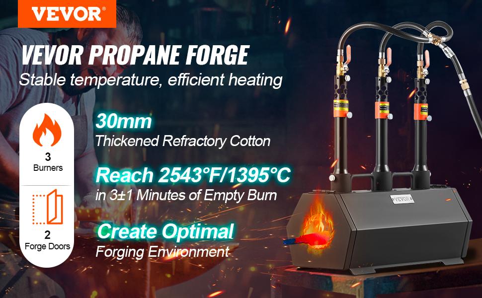 VEVOR Portable Propane Forge, 3 Burner Farrier Forge, 2600 Tool and Knife Making Blacksmithing Gas Forge, Large Capacity Hexagon Cold-Rolled Steel Gas Forging Tools and Equipment for Metal Forging