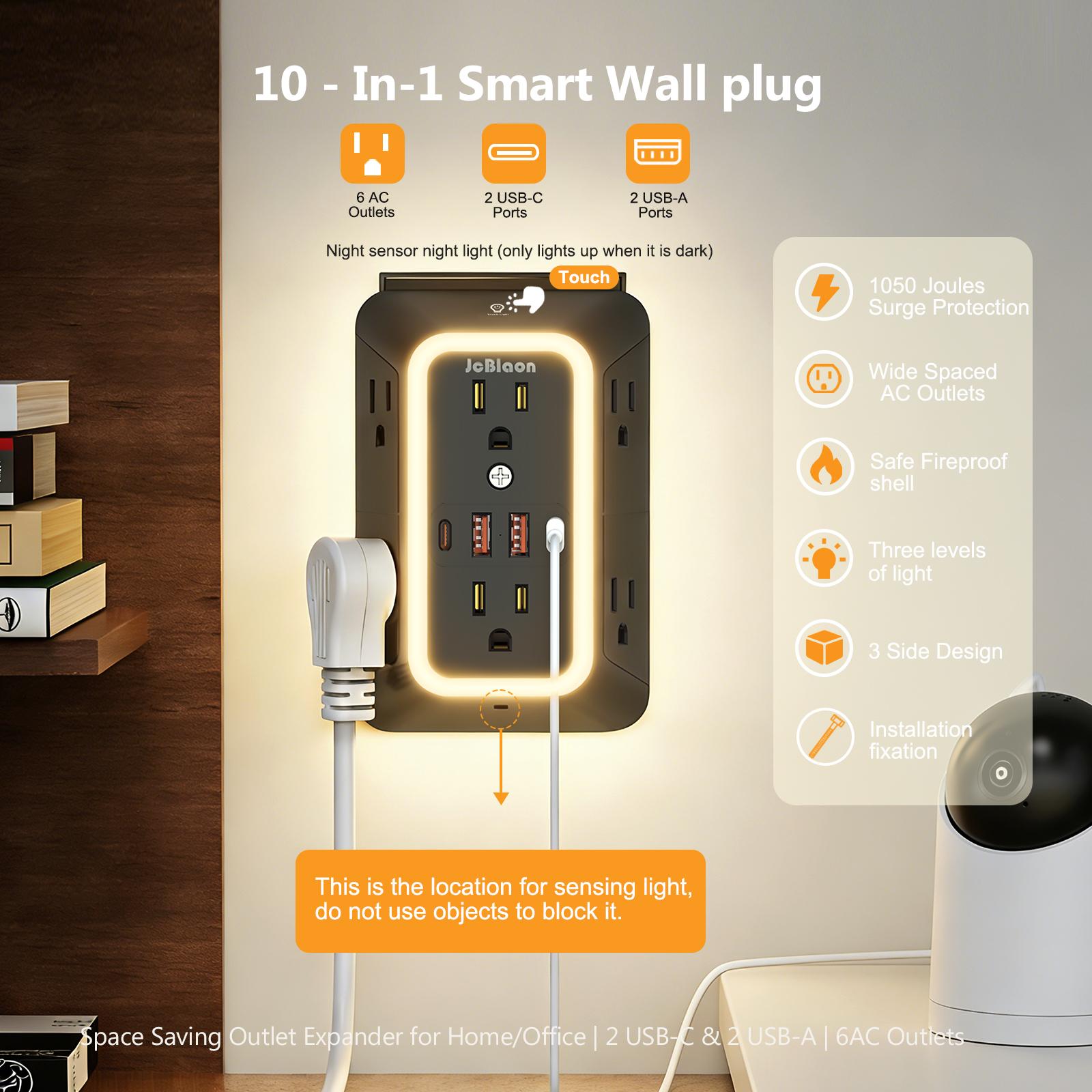3-Pack Wall Outlet Extender Surge Protector with Night Light, 6-Outlet Power Socket Extender with 4 USB Ports (2 USB-C), 3-Sided Multi Plug Wall Adapter, Multifunctional Power Strip for Home, Office, Kitchen and Travel