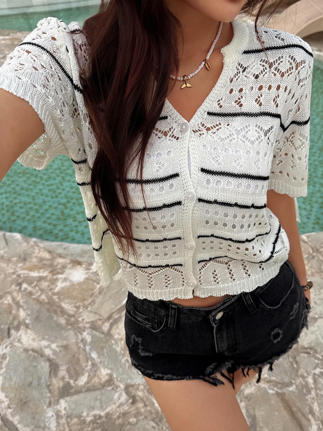 Summer Hollow Out Hoodie, Simple Striped Colorblock Short Sleeve Button Front Cardigan, Fashion Elegant Slim Fit Breathable Knit Top for Women