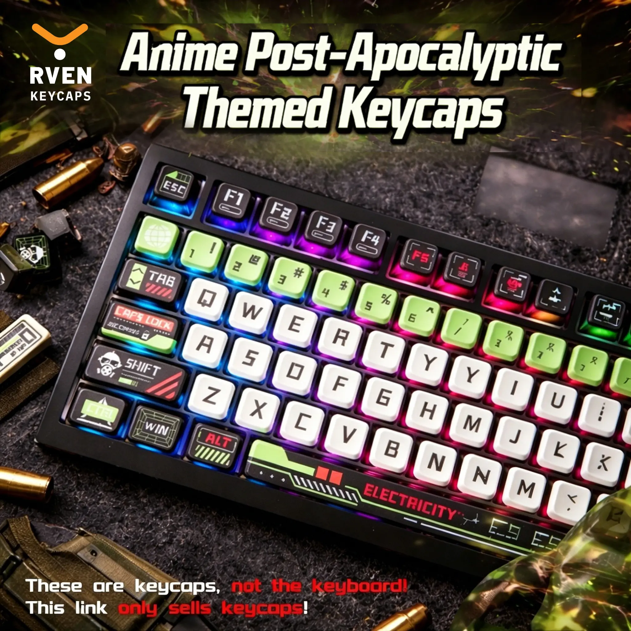 RVEN  132-Key Anime Post-Apocalyptic Theme Keycap Set, Eye-Catching Neon Green And Translucent Black Gaming Keycaps, Heat Transfer Craft Matte Texture, Creating a Bold And Futuristic Colorful Effect. Suitable for Gaming Gear, Tech Enthusiasts