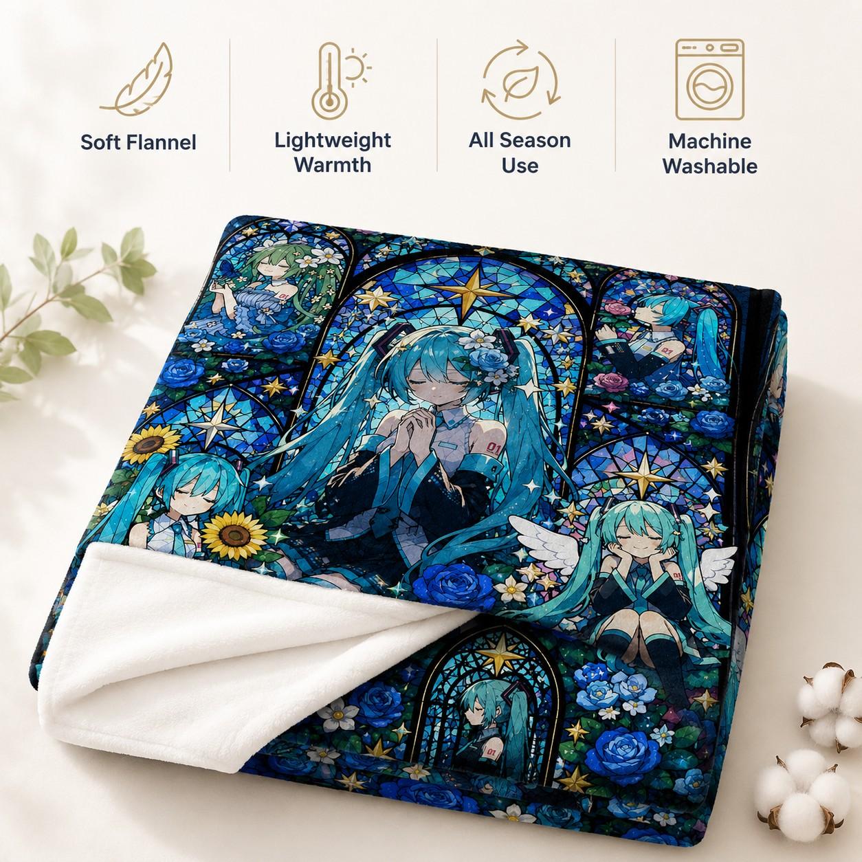 Hatsune Miku Vocaloid Flannel Blanket, Blue Rose Stained Glass Anime Throw for Bed Sofa, Soft Cozy Room Decor Gift for Fans