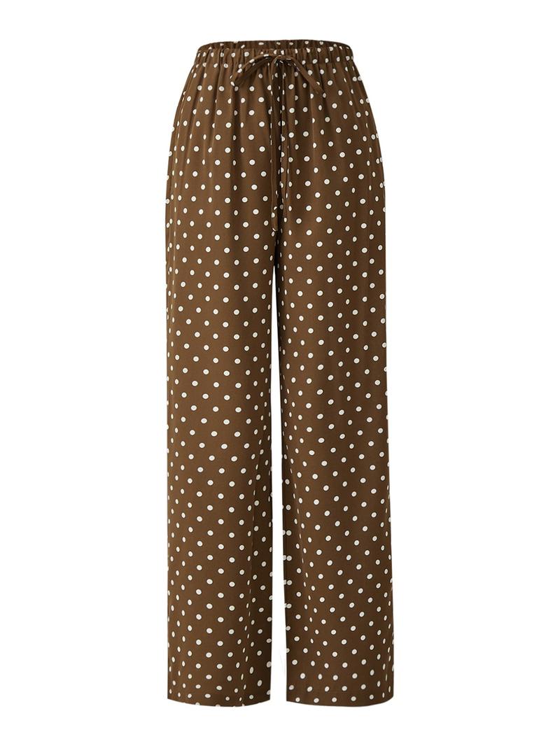 Women's Satin Polka Dot Wide Leg Pants, Casual Lounge Pants, Casual Loose Fit Drawstring Waist, Beach Travel Vacation Straight Leg Pockets