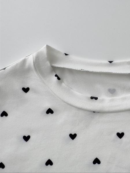 Heart Print Long Sleeve Short Top, Slim Fit Elastic Tee, Bottom Heart Pattern, Fashion Y2K Style Shirt, Cute Casual Wear