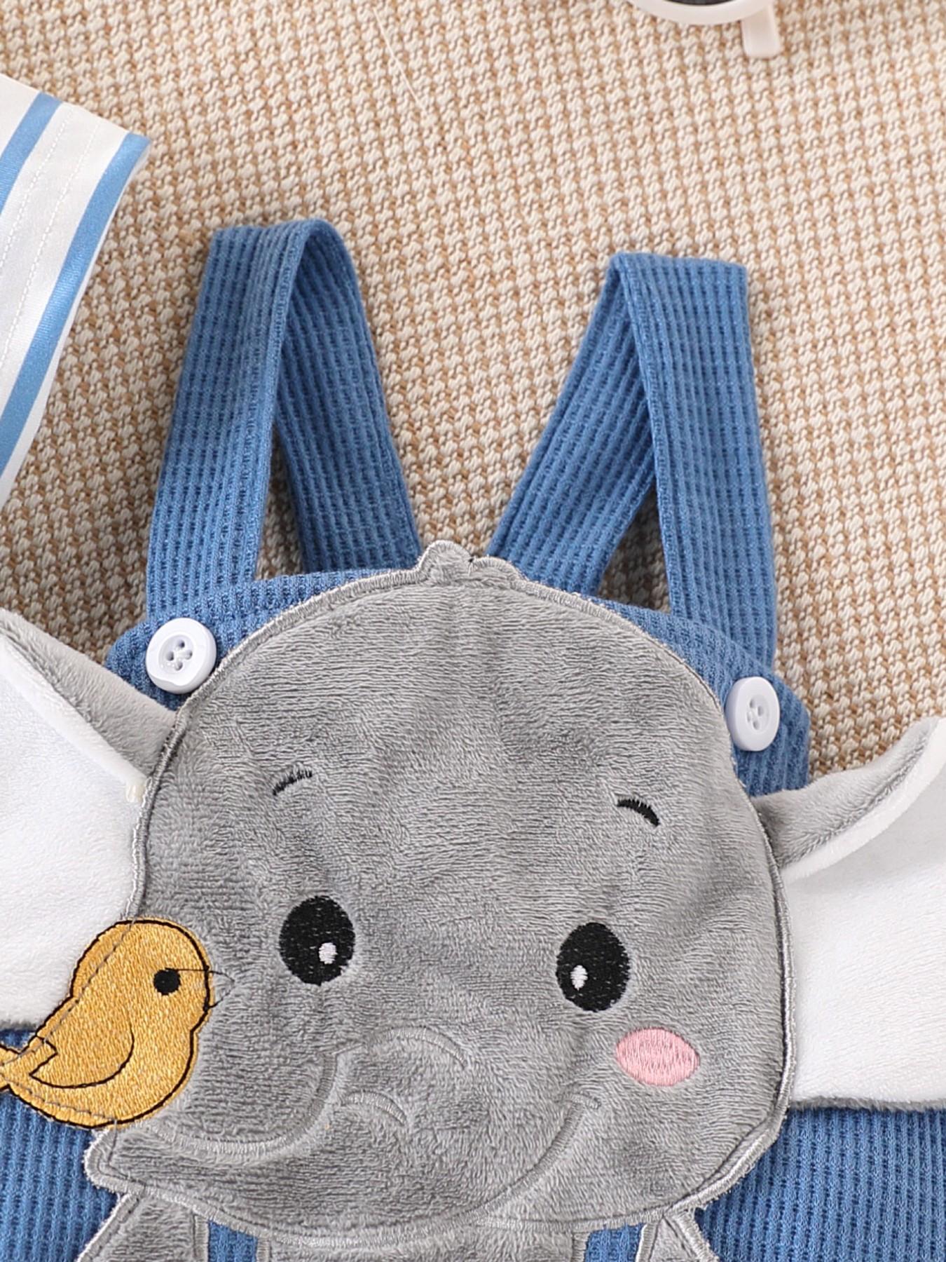 Boys' Cartoon Elephant Two-Piece Set, Striped Short Sleeve Romper + Waffle Bib Pants, Cute Summer for Kids, Comfortable and Stylish