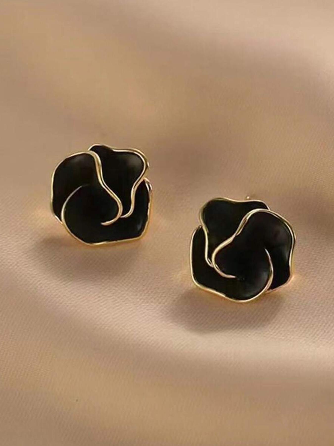 5 Pairs Vintage Unique Black Camellia Flower Bow Star Shape Faux Pearl Geometric Stud Earrings Set, Ear Studs, Minimalist Elegant Quality Fashion Earrings Jewelry Suitable For Women Everyday And Holiday Wear, Stud Earring Sets