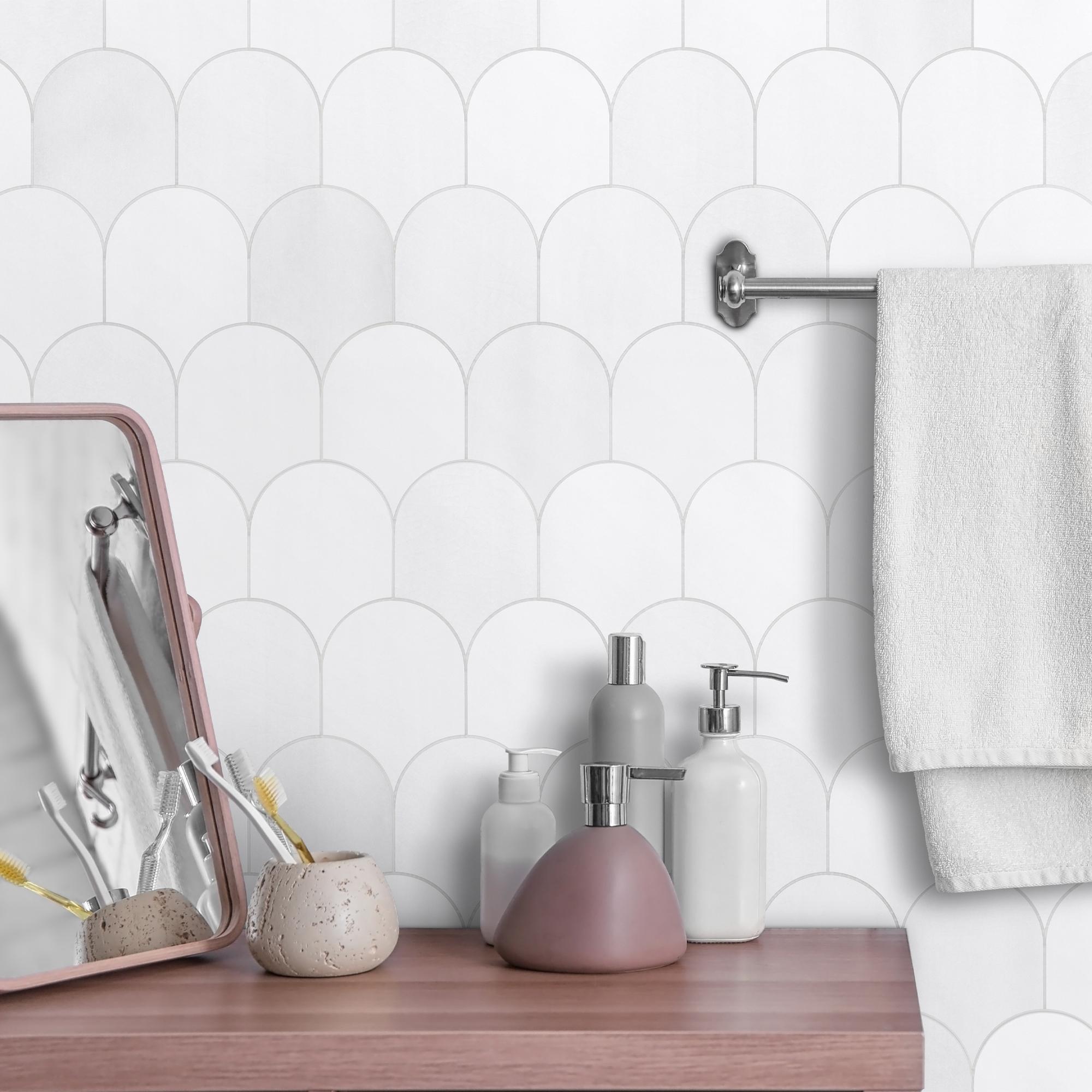 INNO STICKERS 10-Sheet Fish Scale Peel and Stick Backsplash Tile 11.4''x10.9" 3D White Scallop Handmade Looks Self Adhesive Wall Tiles for Kitchen Bathroom INNO STICKERS 10-Sheet Fish Scale Peel and Stick Backsplash Tile 11.4''x10.9" 3D White Scallop Handmade Looks Self Adhesive Wall Tiles for Kitchen Bathroom