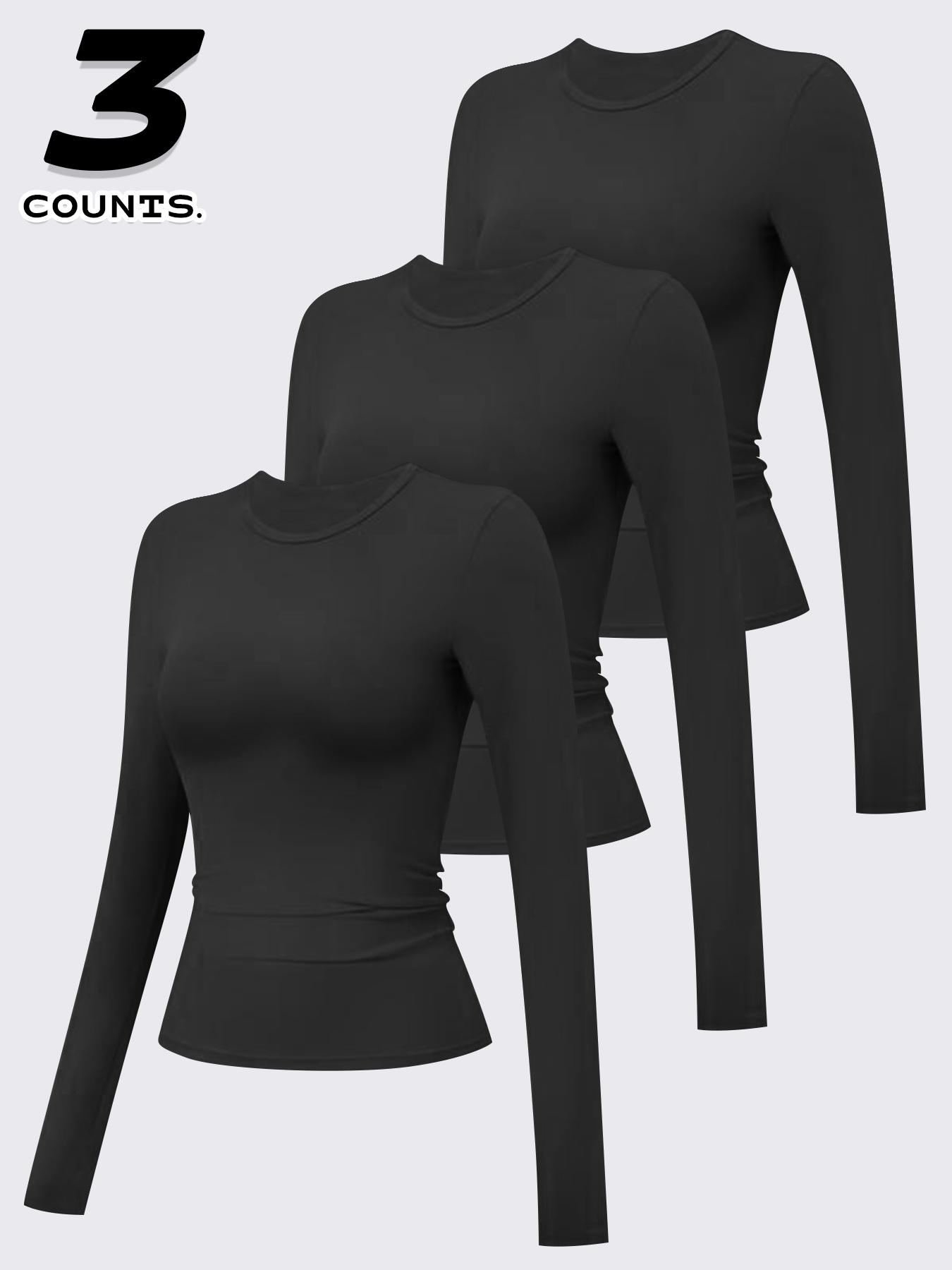 3 Pcs Sporty Long Sleeve Shirts, High Elasticity Waist Slimming Quick-Dry Breathable Fabric, Ideal for Running Gym Travel Home Wear, Athletic Fashion Activewear