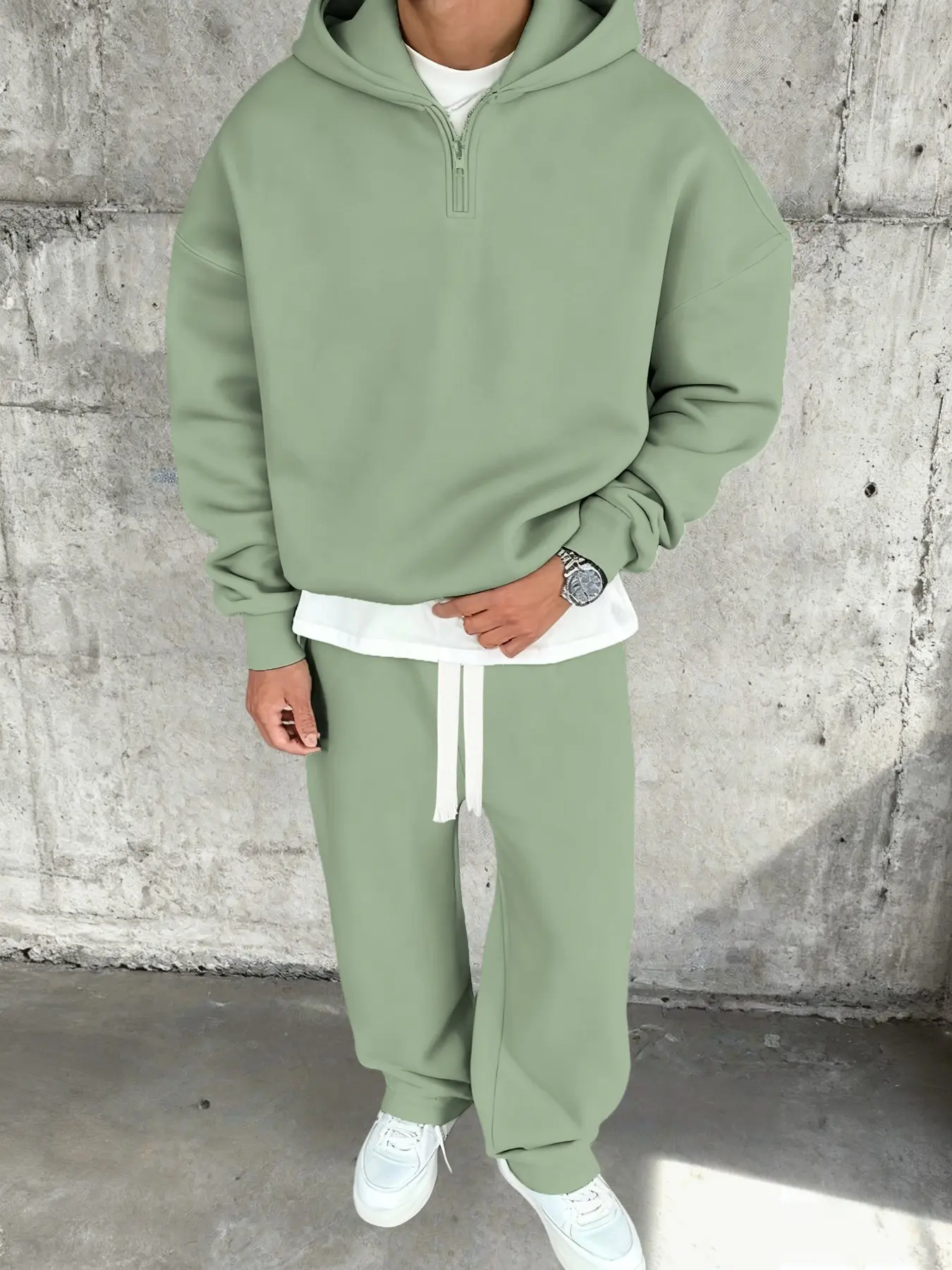 High Street Half-Zip Hoodie Set, Loose Fit Sporty Two-Piece, Streetwear Lazy Drop Waist Sweatpants, Casual Commute Fitness Trendy Set