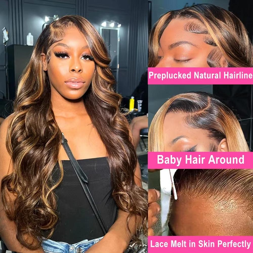 P4/27 Colored Highlight Body Wave Lace Front Wigs Human Hair 13X6 HD Lace Front Wig Human Hair Pre Plucked 180% Density Highlight Wig Human