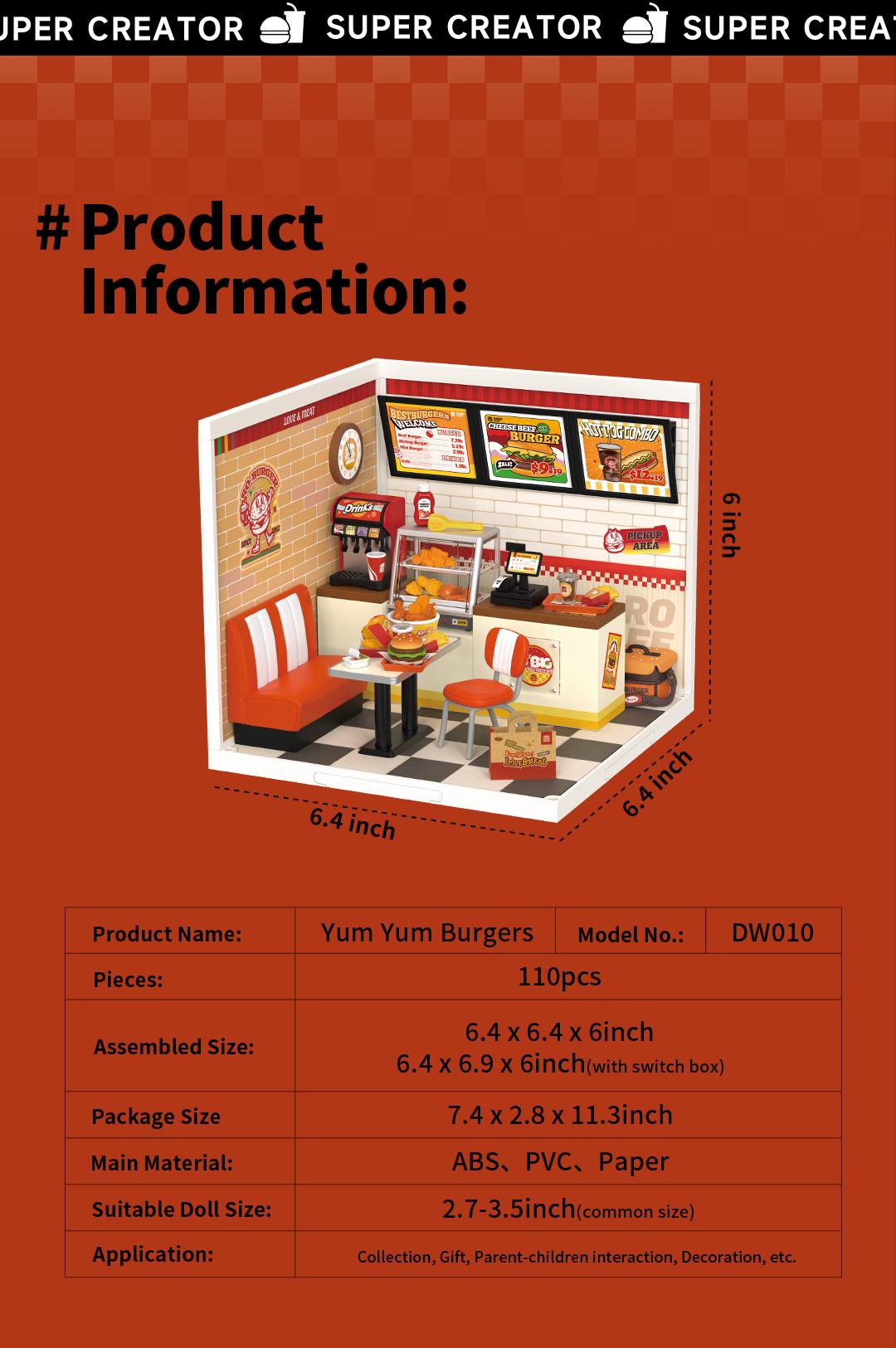 Rolife Yum Yum Burgers DIY Plastic Miniature House DW010 Miniature House Kit DIY Plastic House Building Toy Set with LED Tiny Store Making Kit Model Craft Hobby Unique Gift