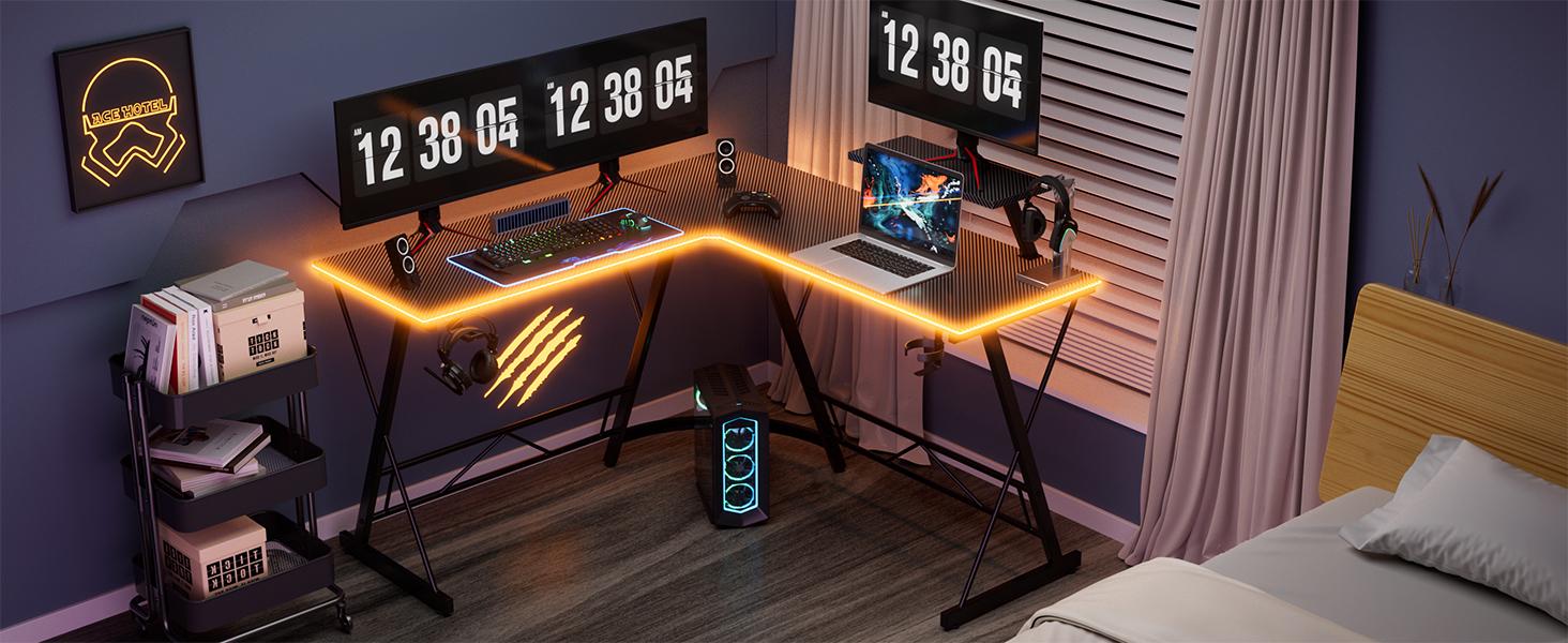 【Holiday Haul】Mr IRONSTONE L Shaped Gaming Desk with Led Lights Corner Computer Desk with Cup Holder and Headphone Hook, L shaped desk, Home Office Desks Writing Workstation with Large Monitor Stand, Easy to Assemble (Black,51 Inch)