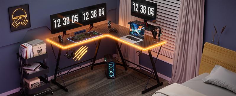 【Holiday Haul】Mr IRONSTONE L Shaped Gaming Desk with Led Lights Corner Computer Desk with Cup Holder and Headphone Hook, L shaped desk, Home Office Desks Writing Workstation with Large Monitor Stand, Easy to Assemble (Black,51 Inch)
