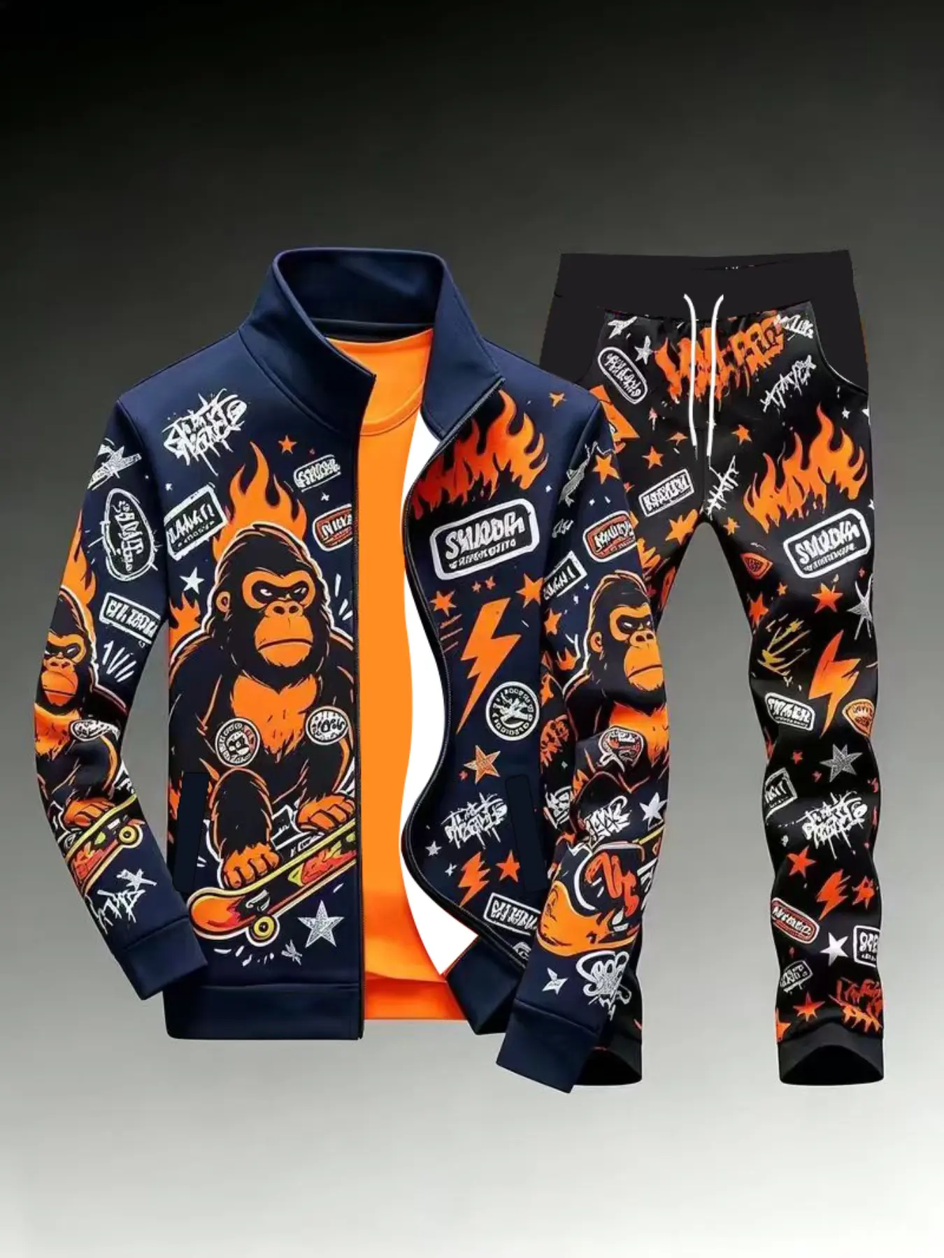 Men's 2-Piece American Style Cool Set, Gorilla Flame Skateboard Graffiti 3D Print, Stand Collar Zip-Up Jacket + Drawstring Pants, Casual Outerwear, Sweatsuit Set Outfit