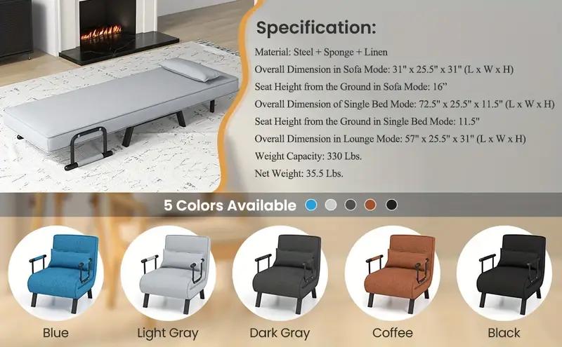 Sofa bed-Convertible 4-in-1 , Adjustable Lounge Chair with 6-Position Backrest, Folding Armchair Recliner for Living Room, Bedroom, and Office Indoor Furniture