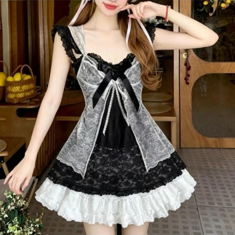 French Elegant Kawaii Aesthetic Lolita Dress Women Retro Japanese Style Ruffle Cake Bow Bandage Slim Y2K Outfit Trend Fashion