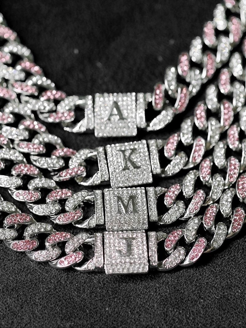 Unisex Street Style Letter Design Cuban Link Chain Bracelet & Necklace, Rhinestone Decorated Fashionable Jewelry Set, Fashion Accessories for Party, Daily Decor for Boy