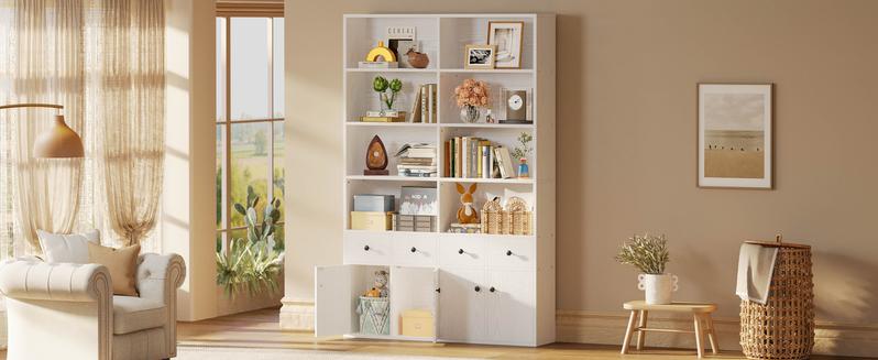 IRONCK 78.7" Bookcase with 4 Drawers and 4 Doors, 6 Tier Large Bookshelf with Storage, Floor Standing Display Storage Shelves, Tall Storage Cabinet for Living Room