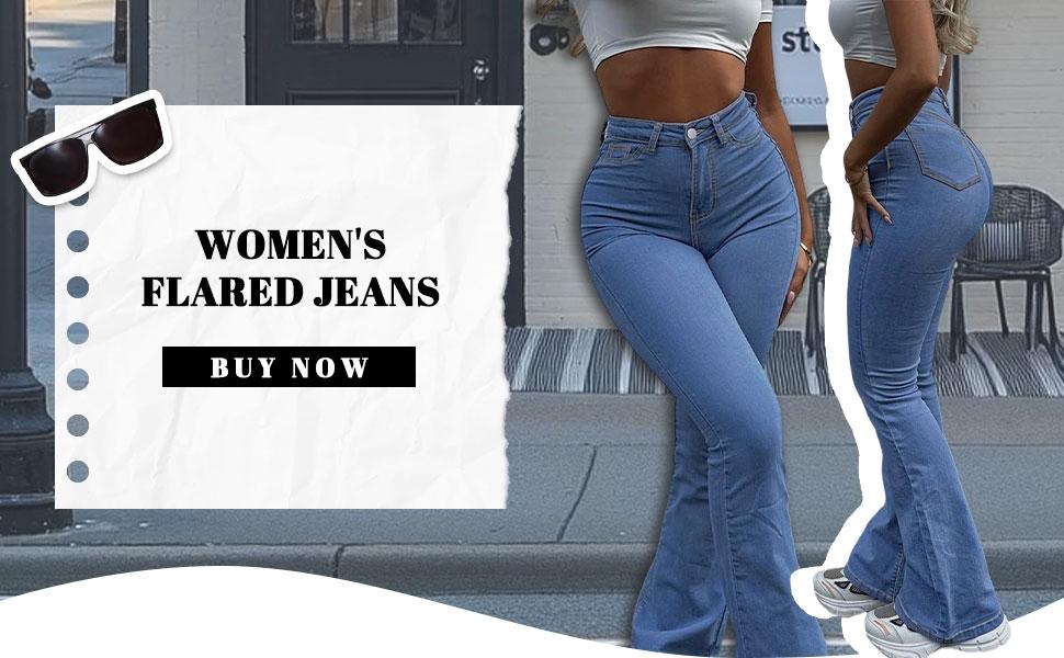 GILIPUR Y2K Style High-Waisted Flare Jeans, Casual Button Front Pocket Design, Slim-Fit Stretchy Denim Jeans for All Seasons, Fashionable Everyday Wear
