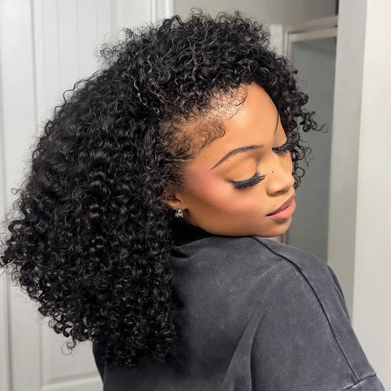 10s Install Wig [WEAR·GO HALF WIG] Glueless Wigs Human Hair Half Wig Upgrade 3 IN 1 Half Wig With Drawstring Seamless Clip Ins Flip Over Kinky Curly Human Hair No Glue No Lace Wig For Women 180% Density