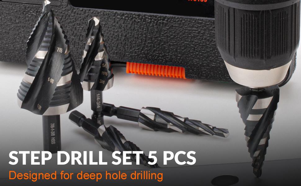 THINKWORK Four Spiral Flute Step Drill Bit Set, 5 Pcs Unibit HSS Step Drill Bits (1/8"-1-3/8") for Aluminum, Wood, Plastic & Metal Applications