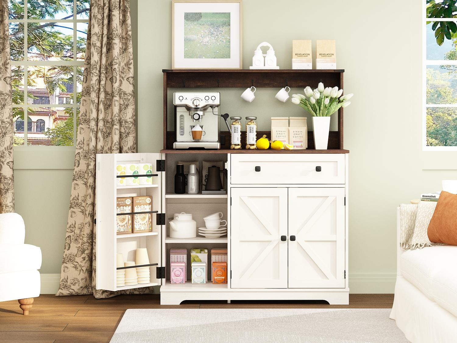 PieDle 39" Rustic Coffee Bar Cabinet with Drawer, Charging Station & Adjustable Shelves, Kitchen Hutch Sideboard for Dining Room Storage