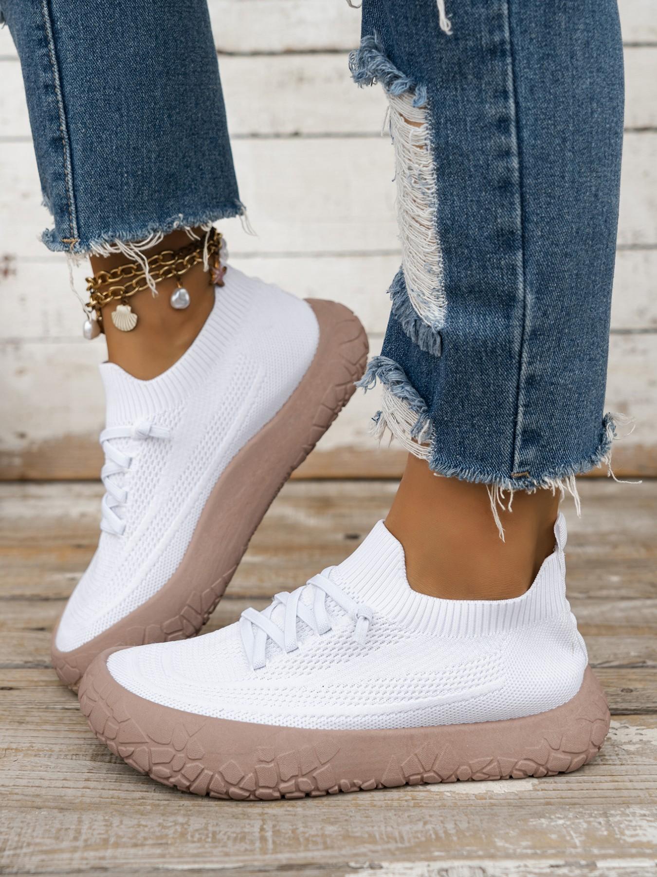 Women's Sock Laces Sports Walking Athletic Shoes, Breathable Knit Mesh, Soft Thick Anti-Slip Casual Sole, Wide Fit, All Seasons, Nonslip Walking Shoes