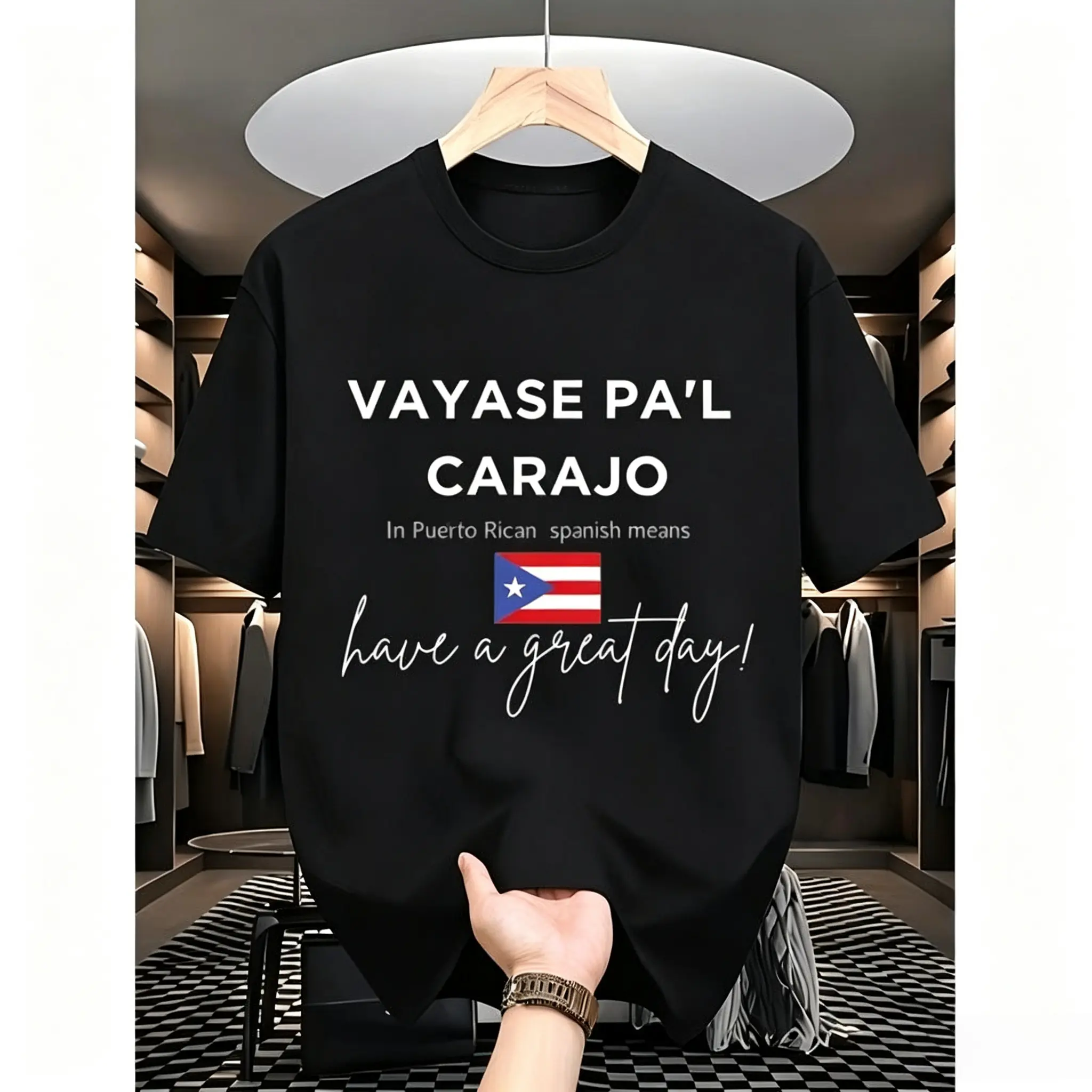 Men'S Puerto Rican Spanish TShirt VAYASE PA'L CARAJO Slogan Flag Print Streetwear Tee Big Tall Puerto Rico Pride Casual Shirt with Spanish Phrase Retro casual short‑sleeved T‑shirt with a round neck and printed pattern