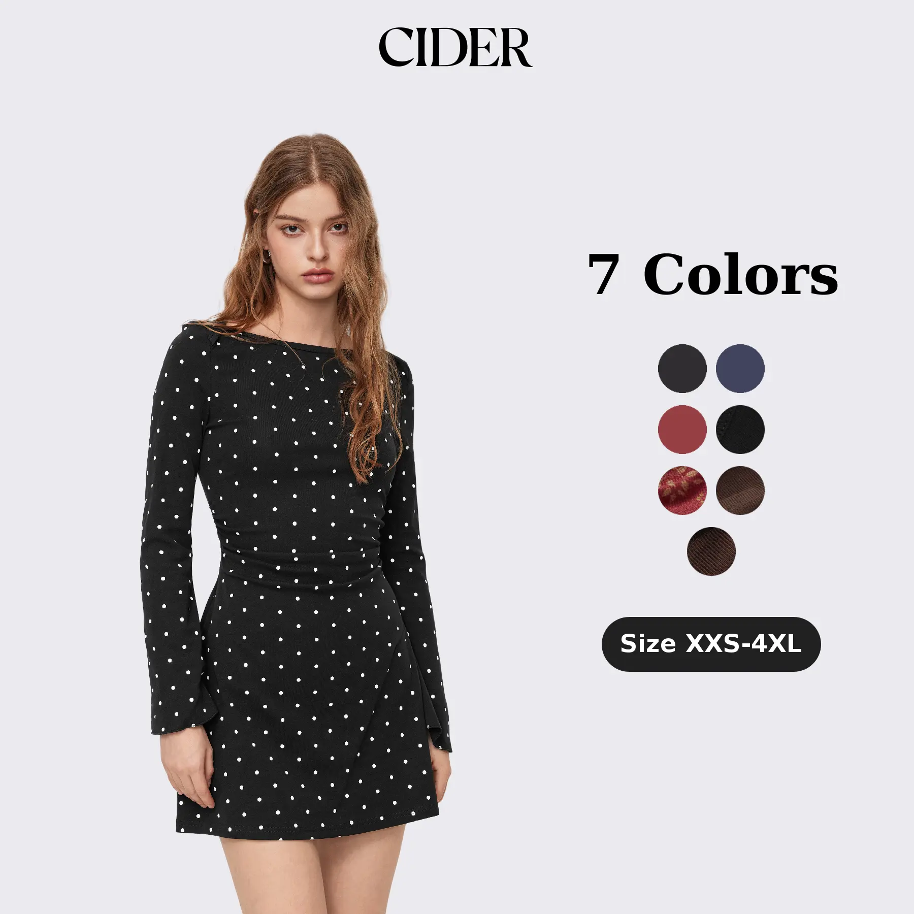 Cider Polka Dot Mini Dress – Flattering Ruched Bodycon Dress with Bell Sleeves， Hides Tummy & Arms， Soft Stretch Cotton for Date Night SohoChic