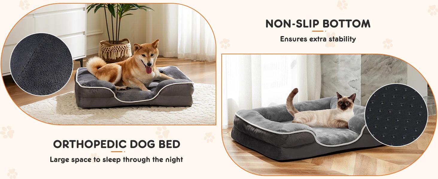 Orthopedic Dog Bed for Large Size Dogs, Supportive Memory Foam Dog Sofa with Washable Removable Cover, Non-Slip Base, Waterproof Pet Couch Bed