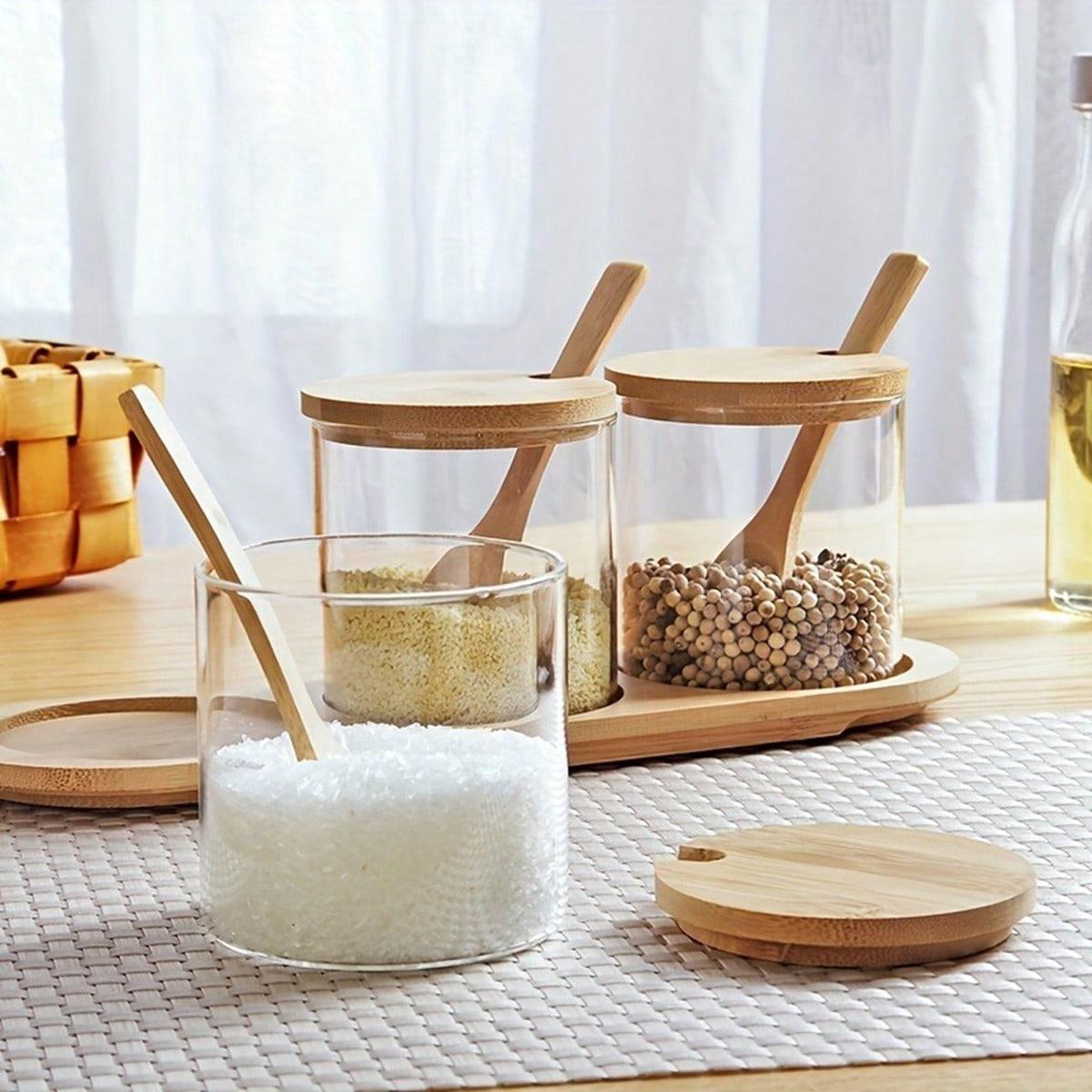 Glass Spice Containers Set with Wooden Base, Includes Spoon, Ideal for Storing Spices Salt Sugar, Kitchen Storage Organizer