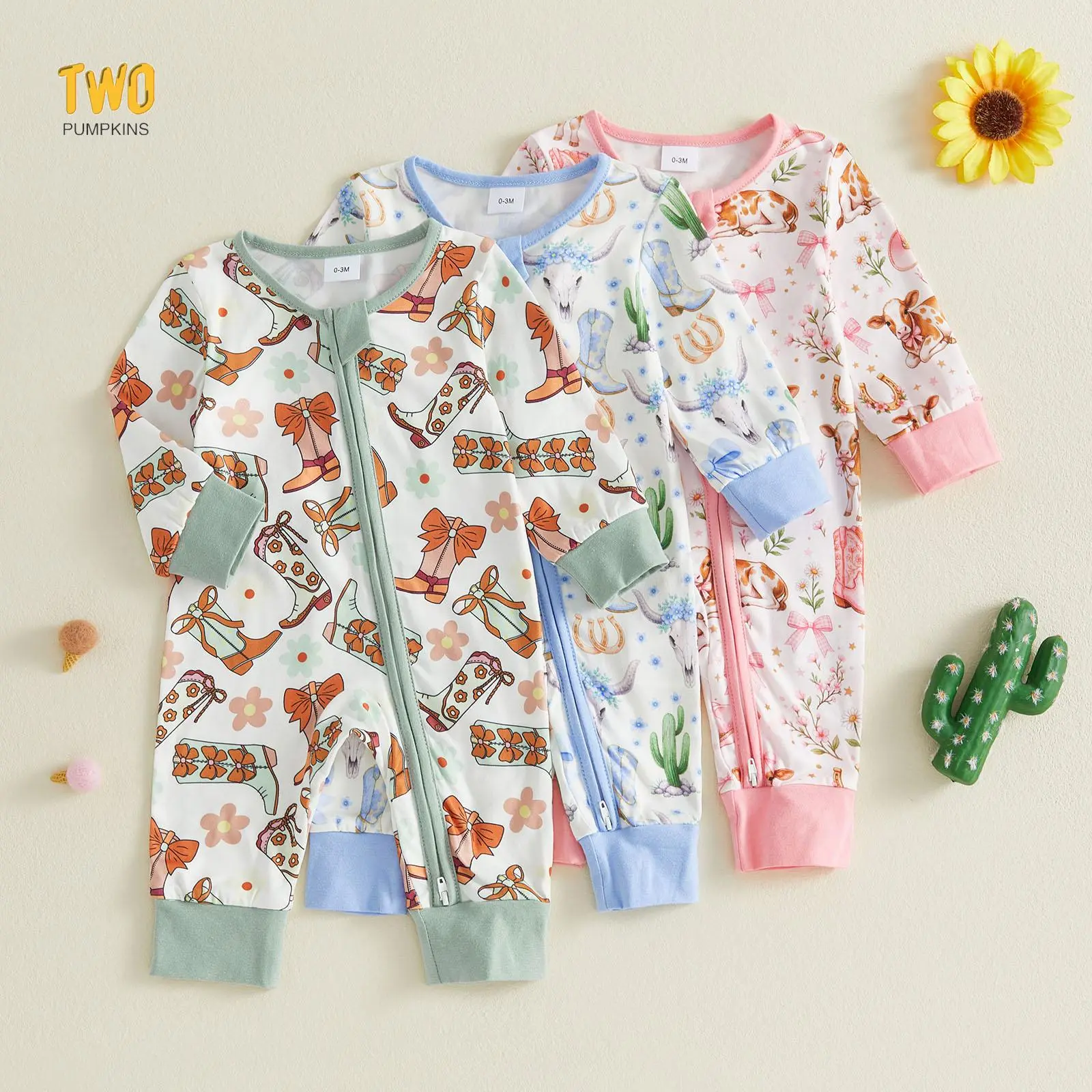 Baby Girls ZipperJumpsuit Long Sleeve Crew Neck Boots Bow Cow Print Romper 0-18 Months