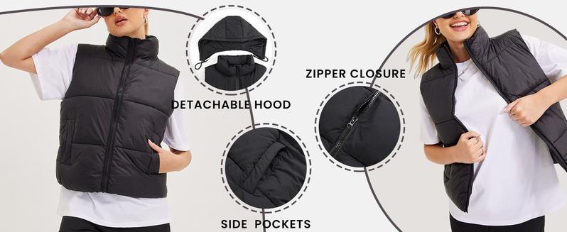 SCUSTY Black Puffer Vest Women Zip Up Lightweight Sleeveless Winter Outerwear Vests with Hood