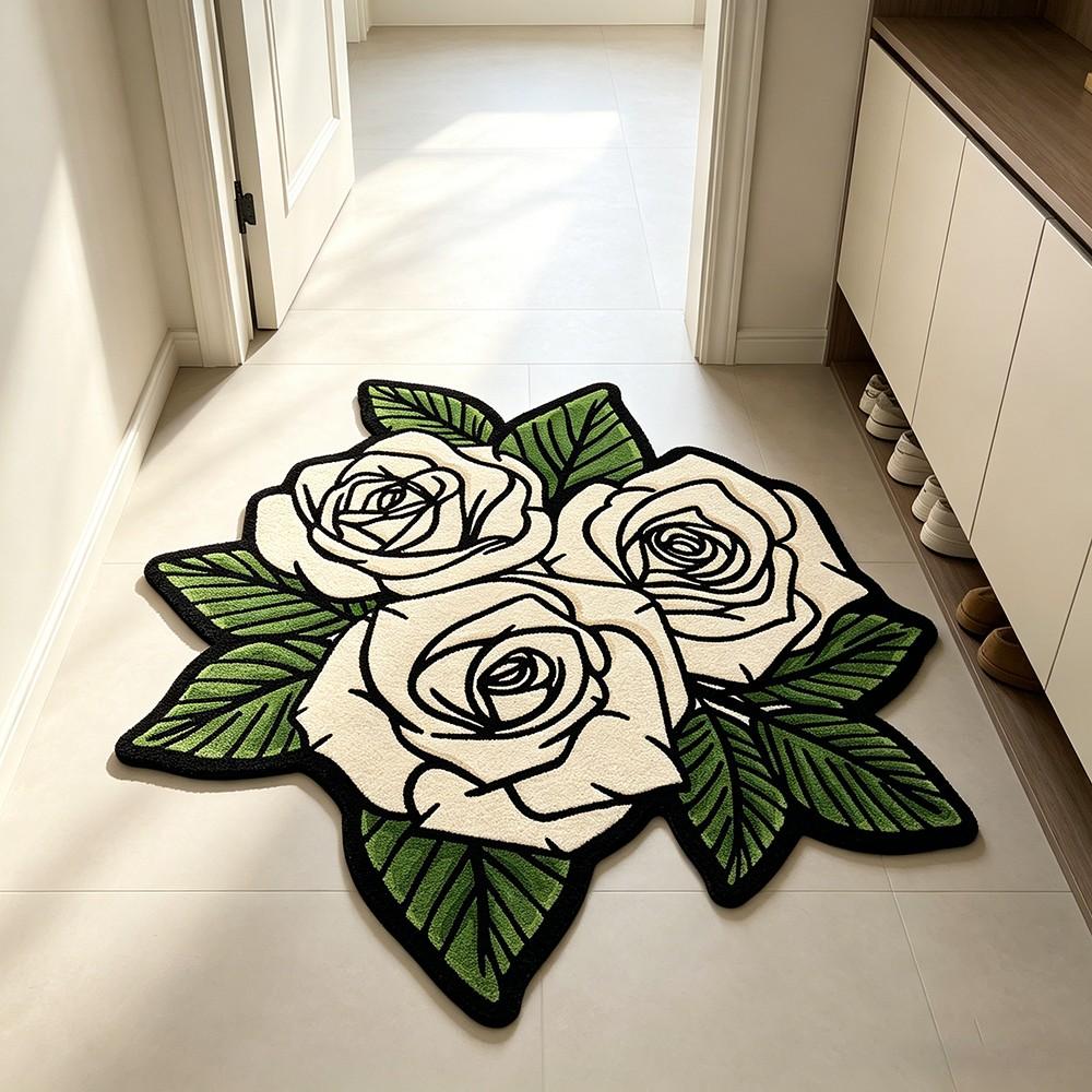 Vintage Cream Rose Shaped Rug, French Luxury Floral Living Room Bedroom Carpet, Soft Comfortable Mat for Coffee Table Sofa Tea Table Dressing Room