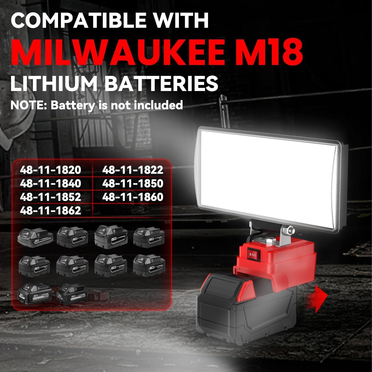 Milwaukee 18v Cordless LED Work Light, 90w 5400lm Wide Beam Floodlight, Dual USB Charging Ports, Ideal for Emergency Garage Workshop Use