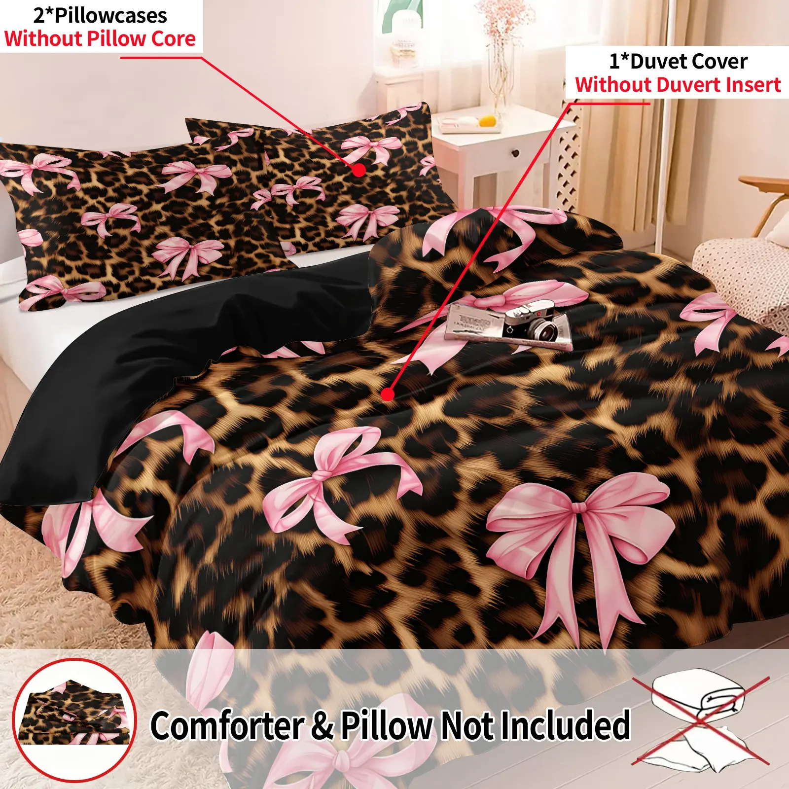 3Pcs Leopard Print With Pink Bow Duvet Cover Set, 1 Duvet Cover & 2 Pillowcases No Filling, Trendy Sweet Wild Style Soft Bedding, Skin-Friendly Breathable Fabric, Leopard Bow Bedding For Bedroom Dorm Decor, Teens, Girls Adults