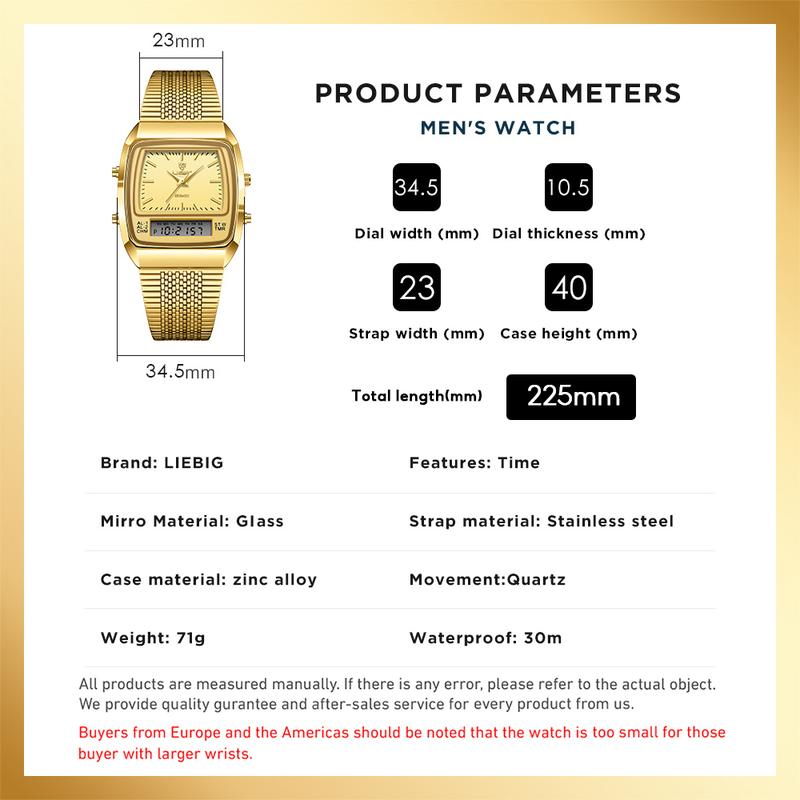 LIEBIG watches for men 34.5mm x 40mm x 10.5mm case 3ATM waterproof and scratch resistant mirror dual time zone fashionable gold watch multifunctional timing alarm clock digital sports watch couple's New Year gift