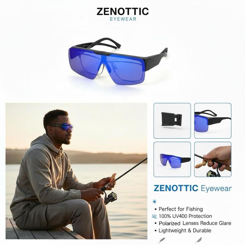 ZENOTTIC Fit Over Polarized Sunglasses TR90 Frame Flip Up Design Unisex One-Piece Shield Lens UV400 Protection for Driving Fishing Cycling Gift Idea