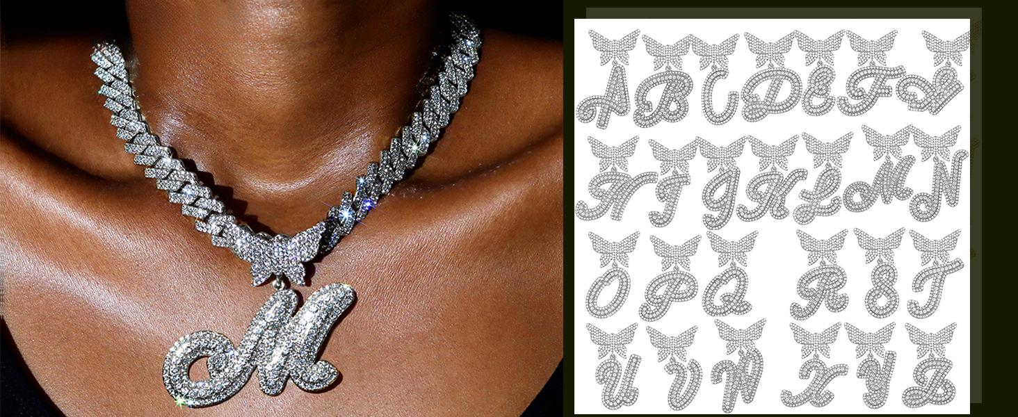 Cuban Link Chain for Women Cursive Silver Initial 14MM Diamond Prong Cuban Chain Hip Hop Iced Out Chain Necklace Butterfly Initial Letter Name Necklaces for Women