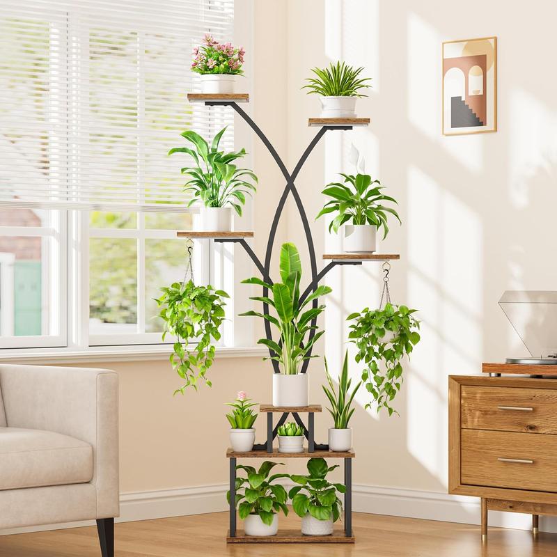 POZILAN Plant Stand Indoor with Grow Lights,Metal Plant Flower Display Shelves, Tree-Shaped Plant Rack for Home, Patio, Black