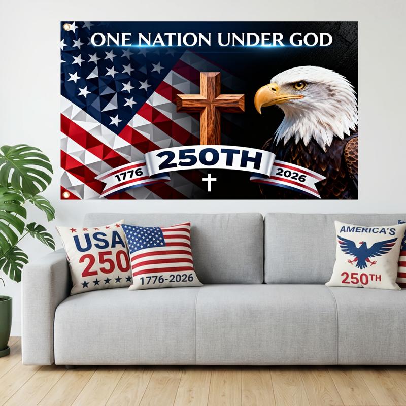 3x5 ft "One Nation Under God" 250th Anniversary American Flag, Cross and Eagle Patriot Flag, fade-resistant, 1776-2026 American Courtyard of Faith Flag
