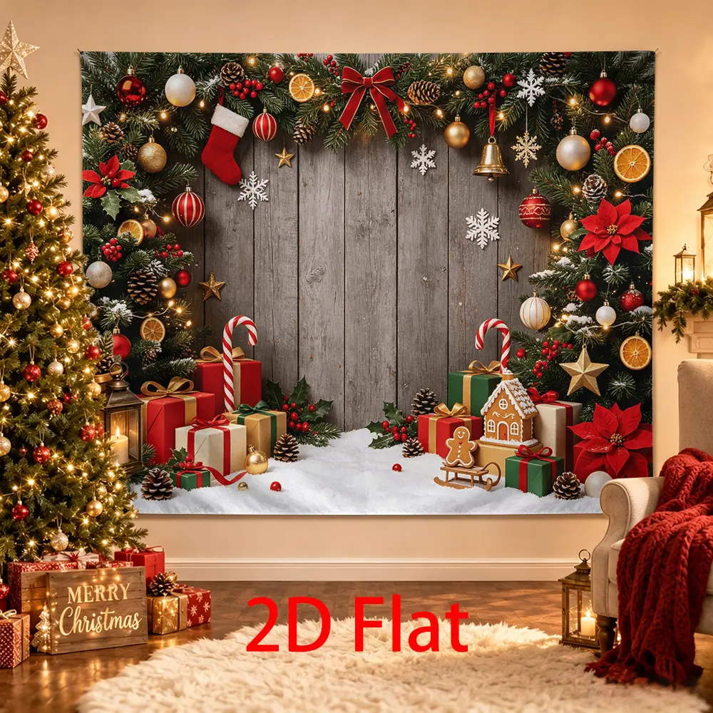 Christmas Backdrop Rustic Wood Look Garland Gifts Gingerbread Photo Background