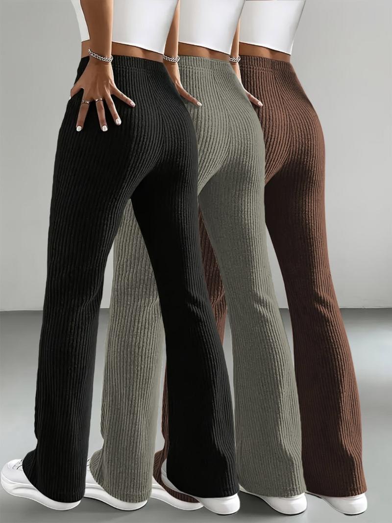 Women's Home Pants Set, 3-Piece Plain Ribbed Striped Straight-Leg Bell Bottoms, Comfortable Casual Long Pants for Spring Fall Winter