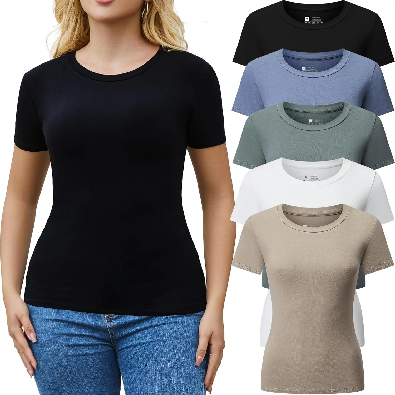 Womens Fitted T-Shirts 5 Pack Stretchy Crew Neck Short Sleeve Tops Soft Breathable Fabric Flattering Slim Fit Tees Versatile Casual Basic Summer OutfitsGift