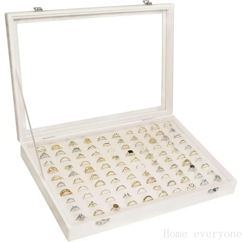 Ring Display Tray Organizer Box with Transparent Lid, 100 Slot Ring Holder Showcase For Store Display  Show Home, Ring Organizer For Rings Earrings (Beige)Home everyone