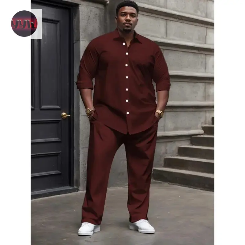 YYW1 Men's Plus Size Unisex Casual Suit Set - Polyester Lapel Longsleeves Shirt with Slight Stretch, Solid Color Knitted Weave Bottoms, Regular Fit Elastane Pants, Black All-Season Sports Outerwear, 3XL