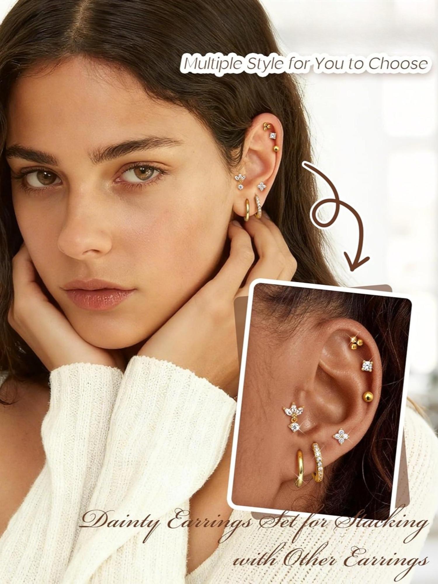 Versatile 24 Pcs Golden Shining Earrings Set Trendy Helix Piercings Surgical Steel Copper for Women Men Small Hoop Earrings with Chain Flat Back Stud Earrings Cartilage Conch Rook Tragus Piercing Earrings