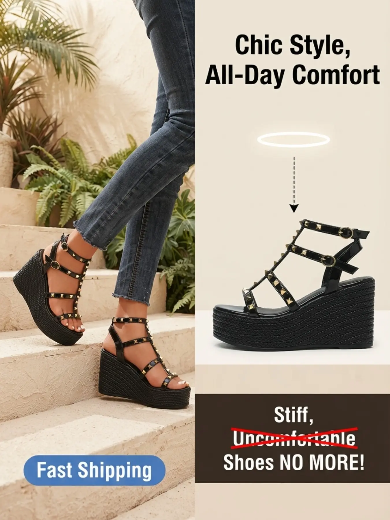 Women's Fashion Rivet Wedge Heel Thick Sole Sandals, Anklet Strap Open Toe Shoes, Summer Height Boost Casual Party Sandals